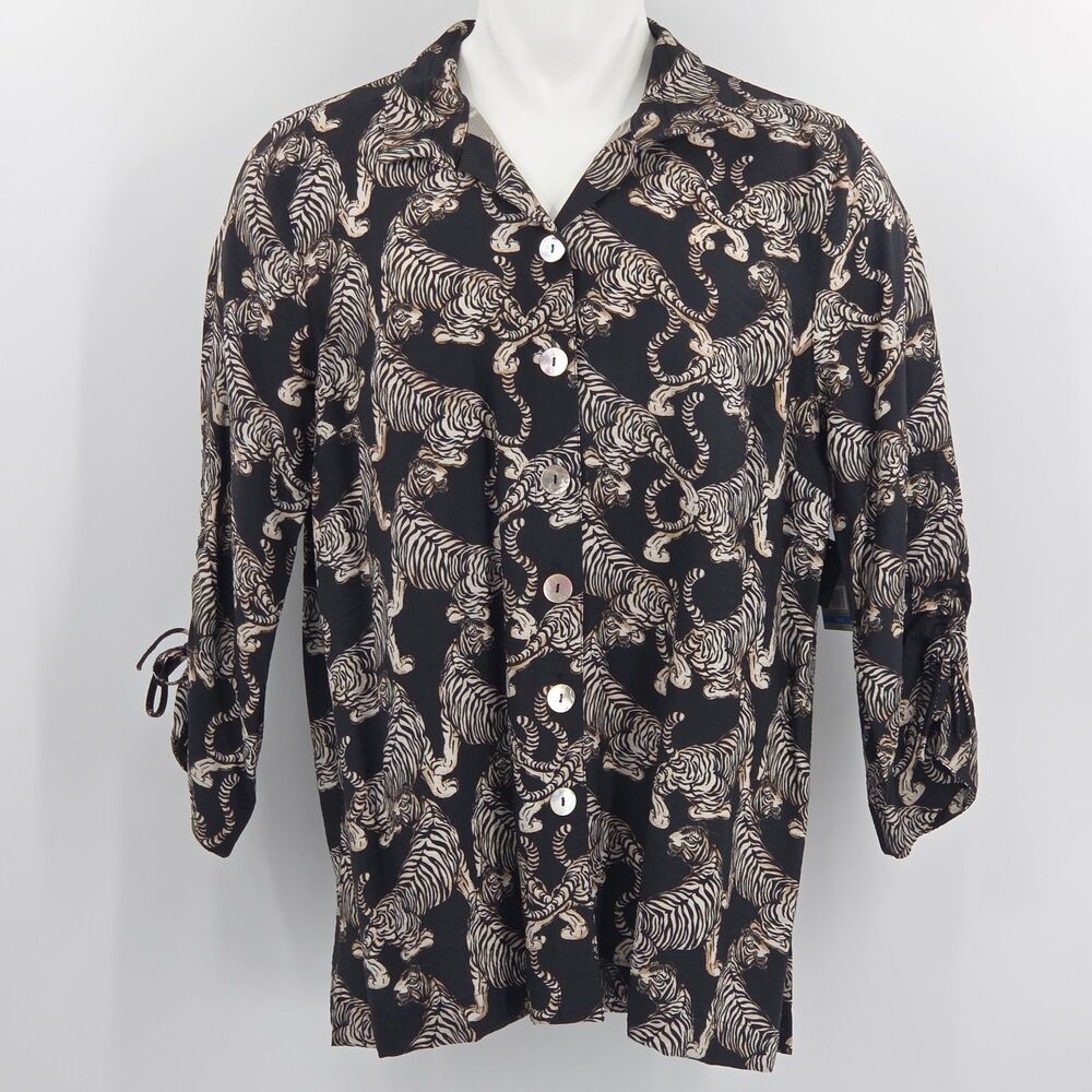 John Mark Tiger Print Button Up Down Shirt Womens Size XL Novelty Fall Cats Work - Picture 2 of 8